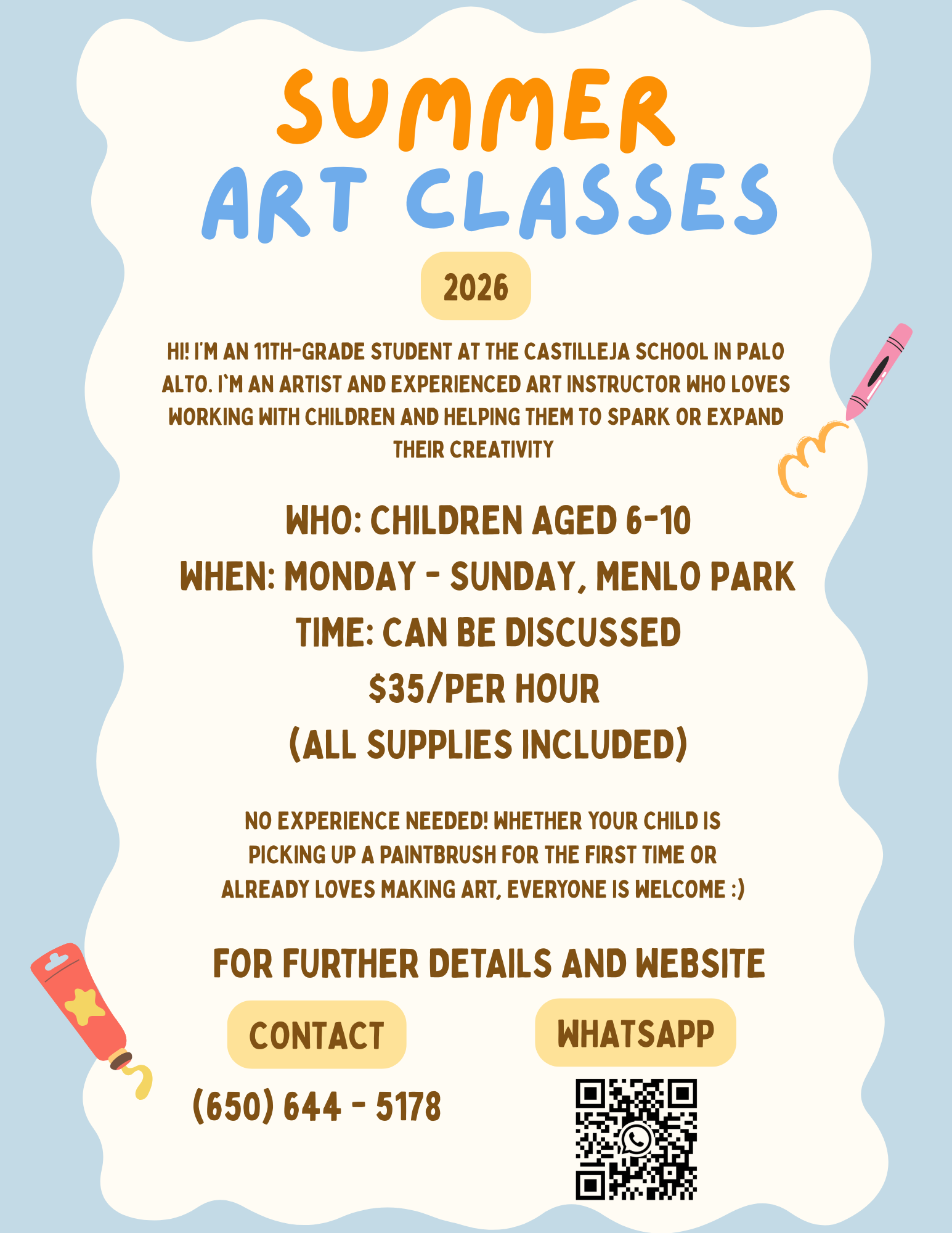 Sania's Studio Summer Art Classes 2026 flyer — children aged 6-10, Menlo Park, $35 per hour, all supplies included