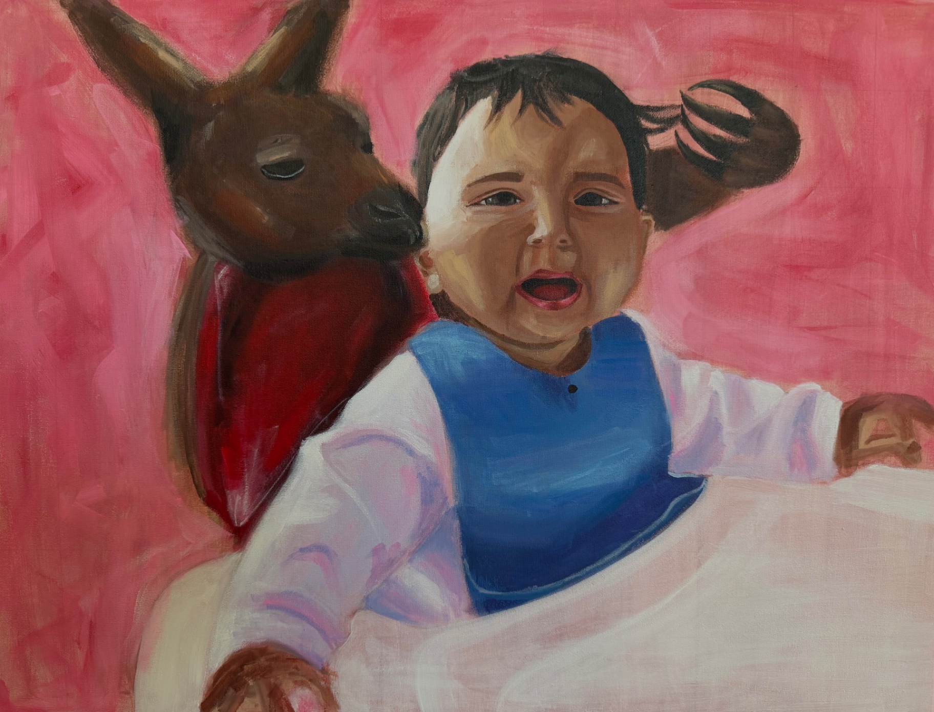 Oil painting of a baby with a kangaroo on a pink background