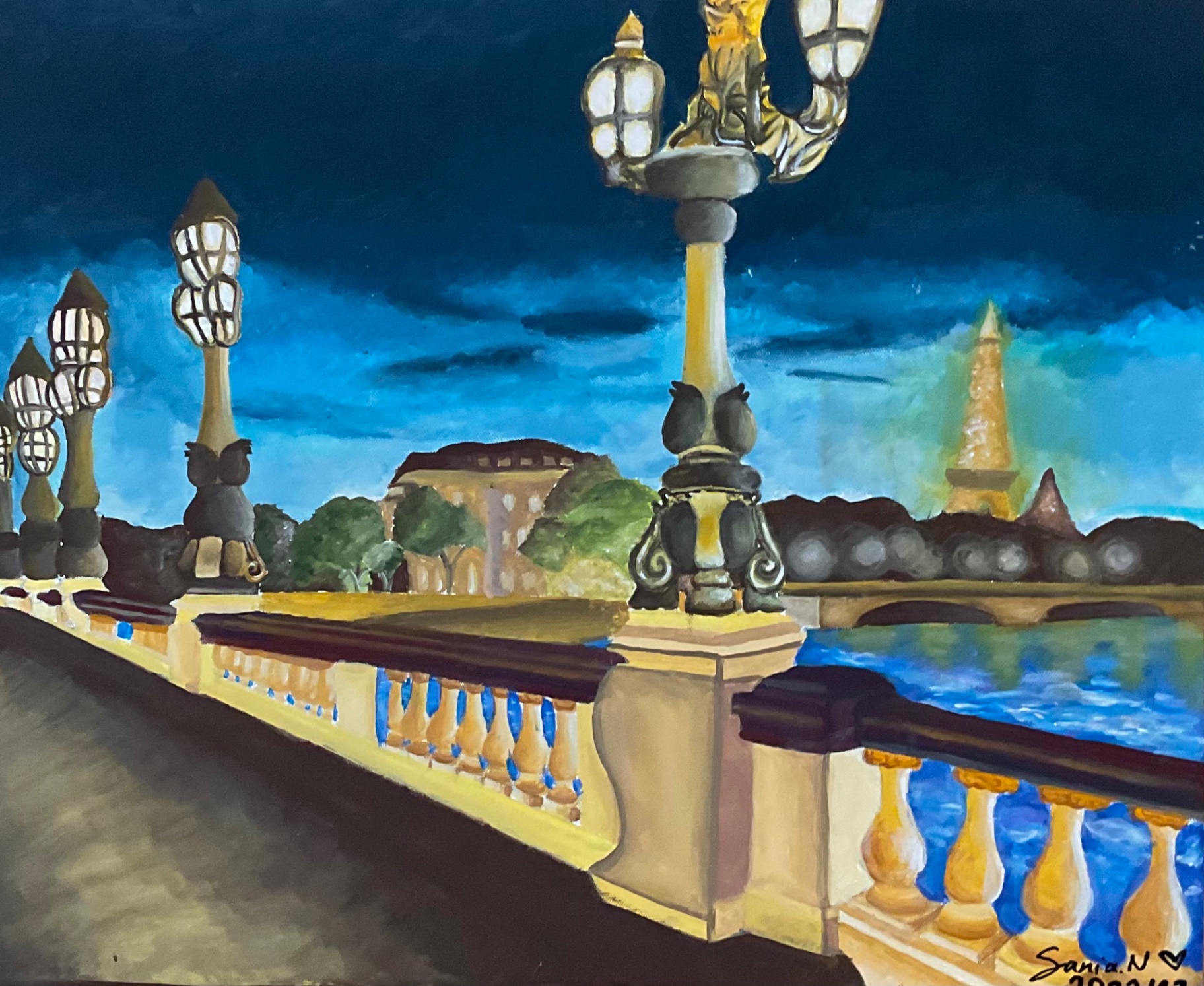 Painting of a Paris bridge at night with the Eiffel Tower