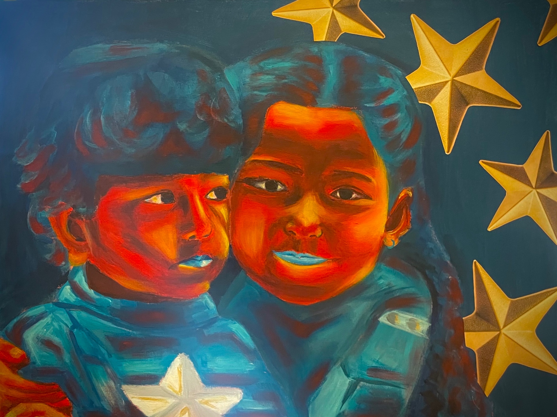 Vibrant oil portrait of two children with golden stars