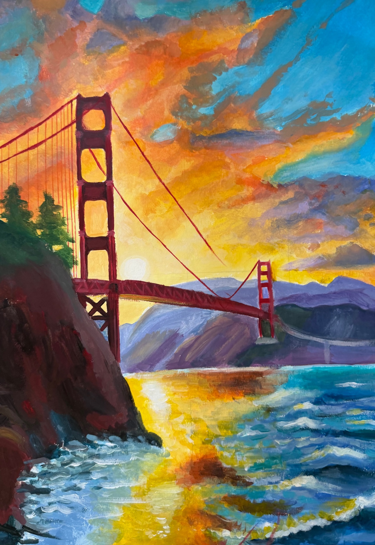 Acrylic painting of the Golden Gate Bridge at sunset