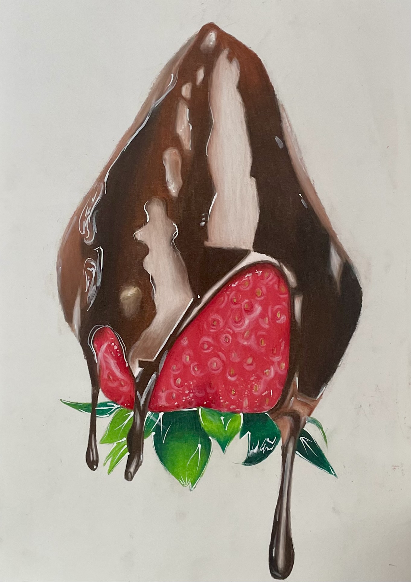 Colored pencil drawing of chocolate-dipped strawberries