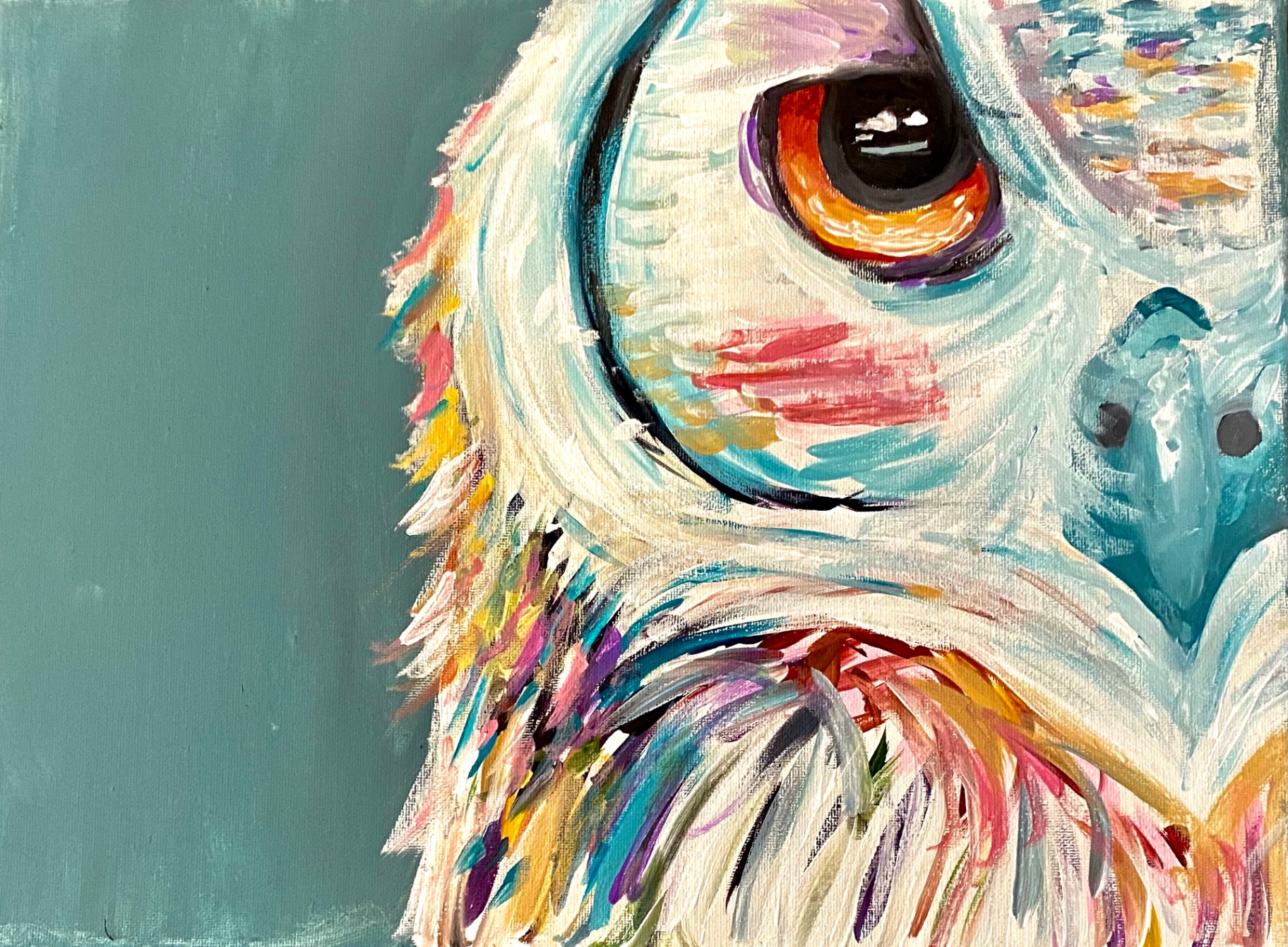Colorful acrylic painting of an owl on a teal background