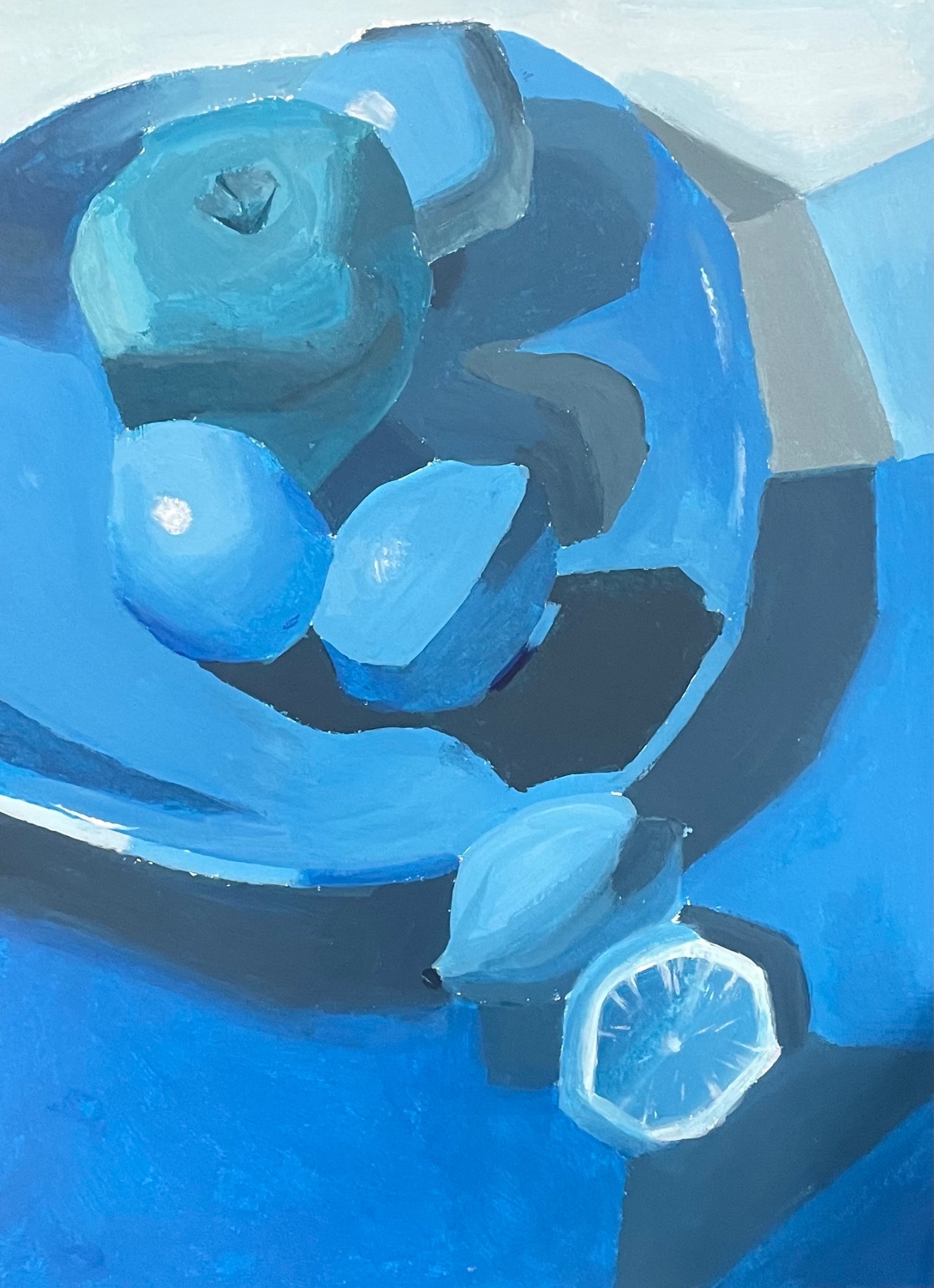 Monochromatic blue still life painting of fruit