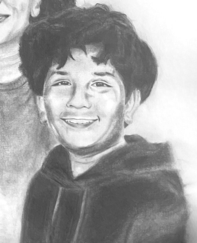 Graphite portrait sketch of a smiling boy