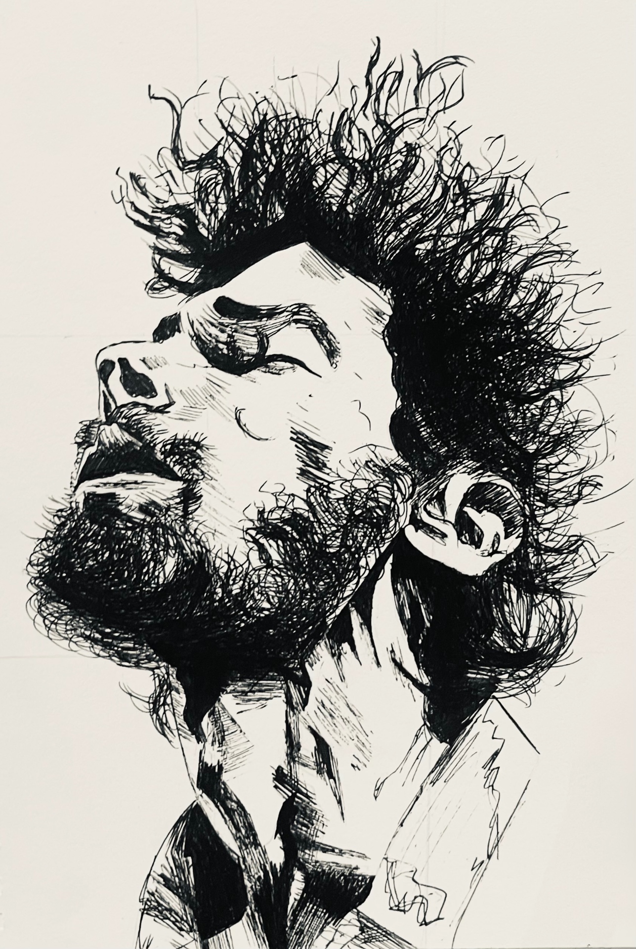 Ink portrait of a bearded man with wild hair, head tilted back