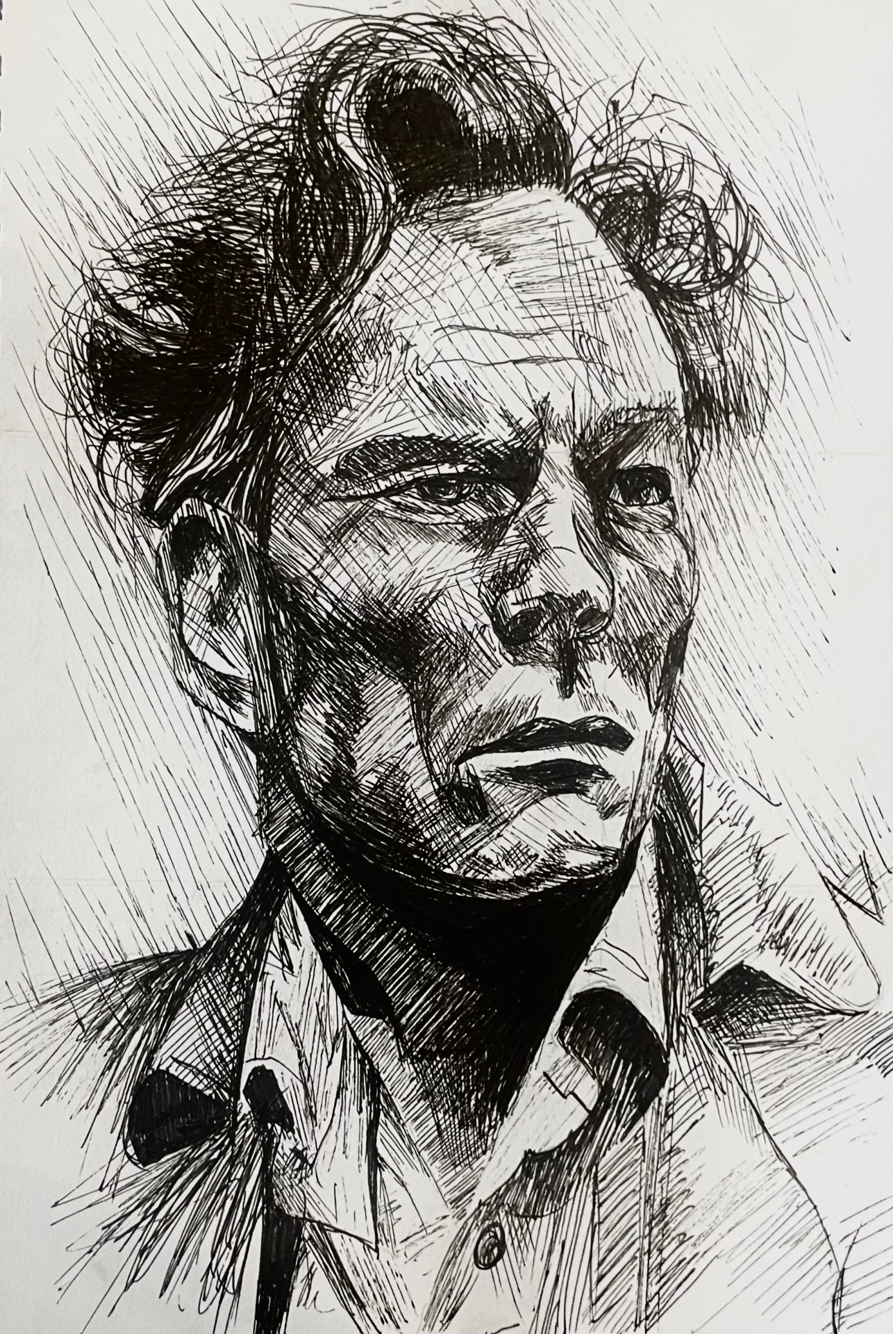 Ink portrait of a man looking straight ahead